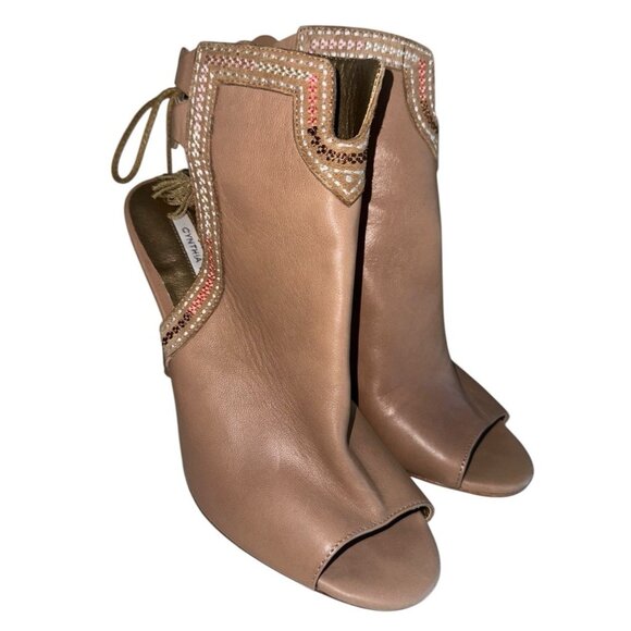 Anthropologie Cynthia Vincent Note Heeled Open Toe Booties Sz 7 Tan Leather - Picture 1 of 12